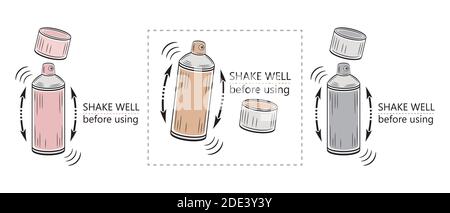 Shake well before using icon set. Spray bottle or aerosol with arrows. Liquid  shaking. Label packaging of paint, cosmetic, household products. Vector Stock Vector