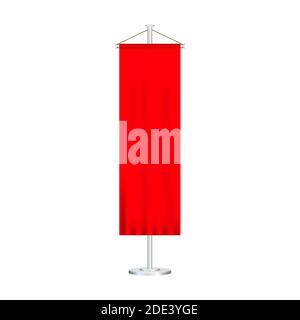 Signal red long sport advertising pennants banners samples on pole stand support pedestal realistic set. Vector illustration. Stock Vector