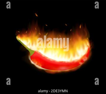 A burning hot spicy red chilli pepper covered in flames. Extra spicy pepper. Vector illustration. Stock Vector