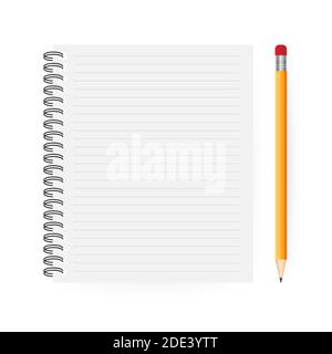 Opened notepad with pencil in top view. Sketchbook or diary. Vector illustration Stock Vector