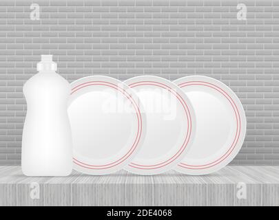 Dishwashing, washing dishes. Dishwashing liquid, dishes. Vector stock illustration. Stock Vector