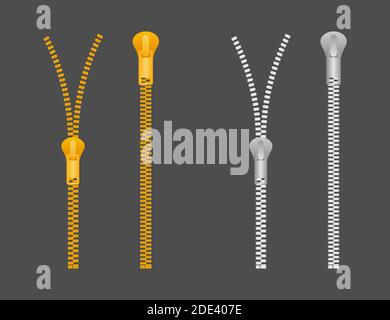 zippers type set fastener. Metallic closed and open zippers and pullers. Vector illustration. Stock Vector