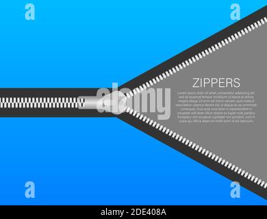 Sewing accessory zipper. Metallic open zippers and pullers. Stock vector illustration. Stock Vector