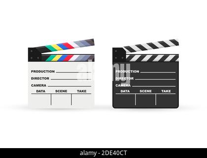 Black closed clapperboard. Black cinema slate board, device used in filmmaking and video production. Realistic vector stock illustration. Stock Vector