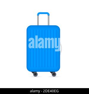 Blue travel plastic suitcase with wheels realistic on white background. Vector stock illustration Stock Vector
