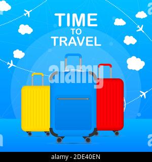 Time to Travel Tourism Poster Concept Front View with Red, yellow and blue Traveling Bag. Vector stock Illustration Stock Vector
