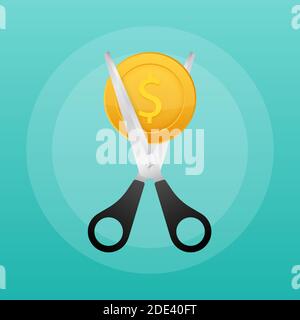 Scissors cutting money bill in flat style. Price, cost reduction or cut price. Vector stock illustration. Stock Vector
