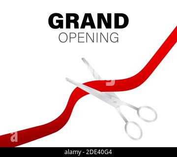 Grand opening card with red ribbon and silver scissors. Vector stock illustration. Stock Vector