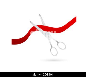 Vector silver scissors cutting red ribbon. Vector stock illustration. Stock Vector