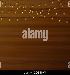 Realistic lantern garland on wood background. Vector stock illustration Stock Vector