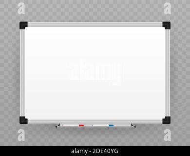 Realistic office Whiteboard. Empty whiteboard with marker pens. Vector stock illustration. Stock Vector