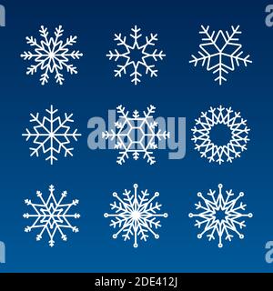 Snowflake vector icon background set white color. Winter blue christmas snow flake crystal element. Vector stock illustration. Stock Vector