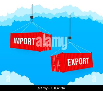 Port crane lift two red cargo containers with import and export words. Vector stock illustration. Stock Vector