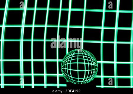 Long exposure photograph of neon green colour in an abstract crisscross pattern with reflective glass ball. Light painting photography. Stock Photo