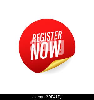 Red register now sticker on white background. Vector stock illustration. Stock Vector