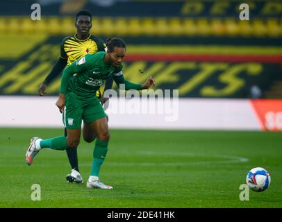 Watford, UK. 28th Nov, 2020. WATFORD, ENGLAND - NOVEMBER 28: Preston North End's Daniel Johnson during Championship between Watford and Preston North End at Vicarage Road Stadium, Watford, UK on 28th November 2020 Credit: Action Foto Sport/Alamy Live News Stock Photo