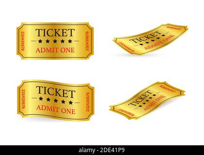 Realistic golden show ticket. Old premium cinema entrance tickets. Stock Vector