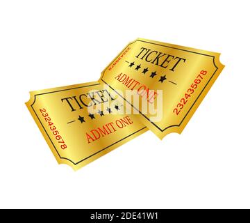 Realistic golden show ticket. Old premium cinema entrance tickets. Stock Vector