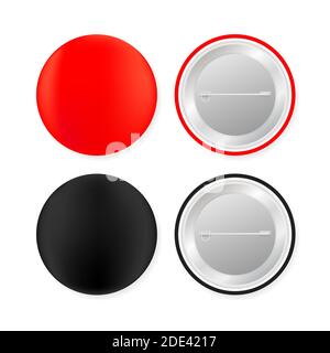 Pin badges. Red and black round blank button. Souvenir magnet badging mockup. Vector stock illustration. Stock Vector