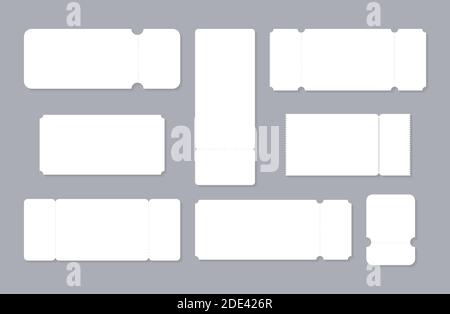 Set of blank ticket mockup template. Realistic White paper coupon isolated on grey background. Vector stock illustration. Stock Vector