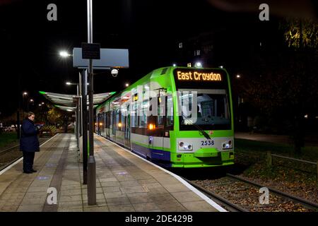 First London trams Croydon Tramlink Bombardier flexitiy swift CR4000 tram no 2538 at New Addington tram terminus on a dark night. Stock Photo