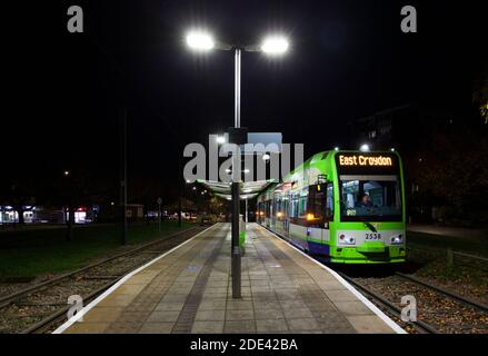 First London trams Croydon Tramlink Bombardier flexitiy swift CR4000 tram no 2538 at New Addington tram terminus on a dark night. Stock Photo