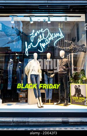 28 November 2020 - London, UK, Black Friday shop displey window on Regent Street during Coronavirus lockdown Stock Photo