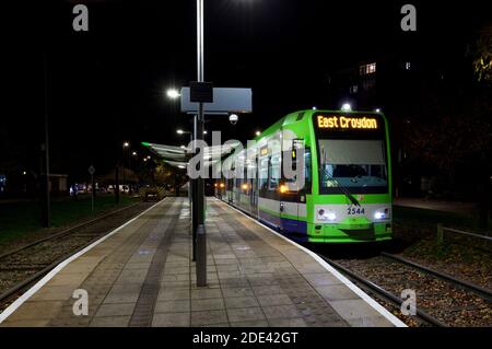 First London trams Croydon Tramlink Bombardier flexitiy swift CR4000 tram no 2544 at New Addington tram terminus on a dark night. Stock Photo