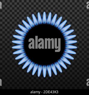 Gas burner ring with blue flame on black background. Vector stock illustration. Stock Vector