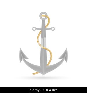 Single realistic shiny steel anchor with rings and shadow on white ...
