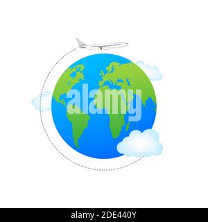 Plane and globe. Aircraft flying around Earth planet with continents and oceans. Flight plane, world travel air. Stock Vector