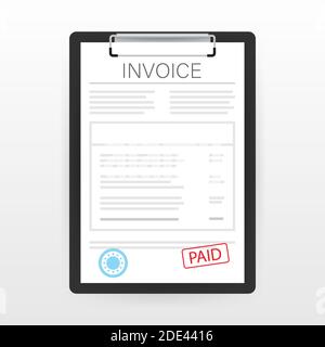 Invoice with paid stamp in clipboard. Vector stock illustration. Stock Vector