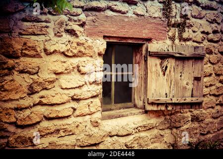 Handmade mortar and brick from shells to create old standing building with primitive accents with hobbit like features Stock Photo