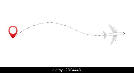 Airplane line path icon of air plane flight route with start point and dash line trace. Aircraft clip art icon with route path track. Stock Vector