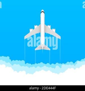 Flat airplane illustration, view of a flying aircraft. Vector stock illustration. Stock Vector