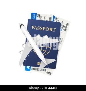 Passports, boarding passes and airplane. Travel concept. Booking service or travel agency sign. Advertising banner. Vector stock illustration. Stock Vector