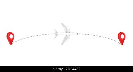 Airplane line path icon of air plane flight route with start point and dash line trace. Aircraft clip art icon with route path track. Stock Vector