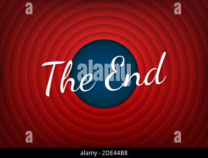 The End handwrite title on red round background. Old movie circle ending screen. Vector stock illustration. Stock Vector