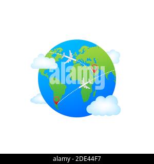 Plane flying around the world. Vector stock illustration. Stock Vector