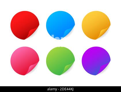 Realistic stickers. Round multicolored stickers with folded edges. Vector stock illustration. Stock Vector