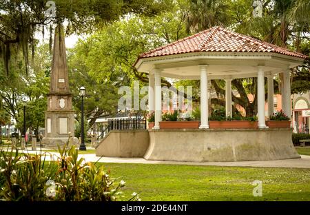Bandstand and Confederate obelisk monument in the park near the Old Slave Market area of the Constitution Plaza in St. Augustine, FL Stock Photo