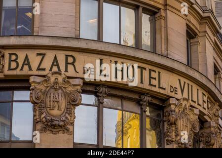 Paris, France - December 12, 2012: close up detail of the BHV facade at paris Stock Photo