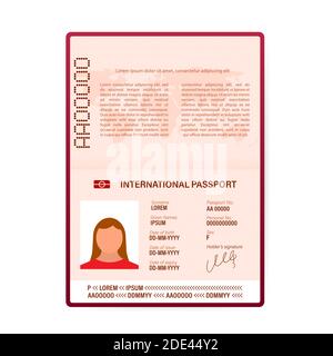 Blank open passport template. International passport with sample personal data page. Vector stock illustration. Stock Vector