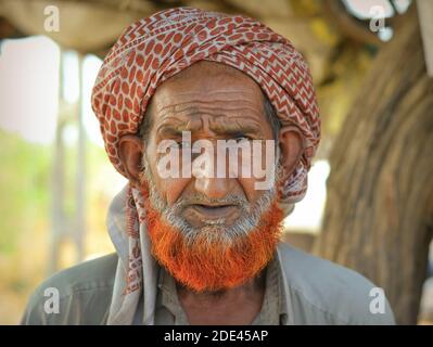 Turbaned old Indian Muslim man with forehead wrinkles, lived-in face and henna-dyed orange Muslim beard poses on the roadside for the camera. Stock Photo