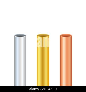 Pipe set. Steel, copper, gold Tubes. Steel or Aluminum, pipes of different diameters. Vector stock illustration Stock Vector