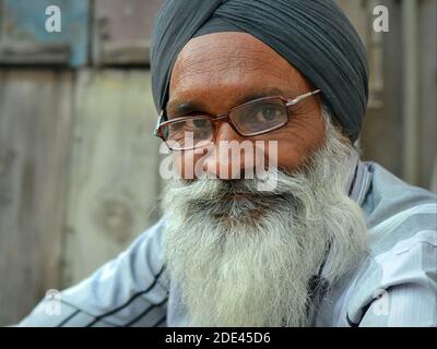 Friendly elderly Indian Sikh man with traditional black dastar turban, long white beard and rectangular eyeglasses poses for the camera. Stock Photo