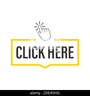 Click here button with hand pointer clicking. Vector stock illustration. Stock Vector