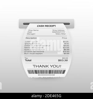Vector Realistic 3d Paper Printed ATM Transaction Record Receipt Set Closeup Isolated on White Background Stock Vector