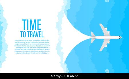 Time to travel. White airplane on a blue background in profile, banner, isolated. White airplane on a blue background in profile, banner, isolated. Stock Vector