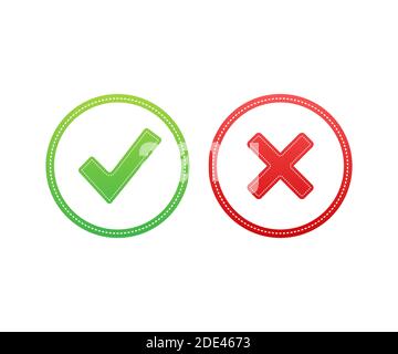 Tick and cross signs. Green checkmark OK and red X icon. Symbols YES and NO button for vote. Vector stock illustration Stock Vector